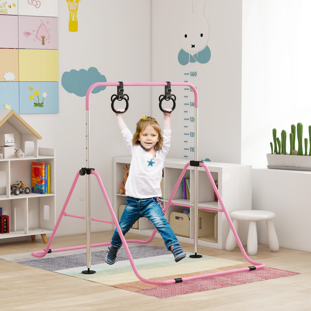 HOMCOM Adjustable Height Foldable Kids Gymnastics Bar with Non-Slip Mats, Pink