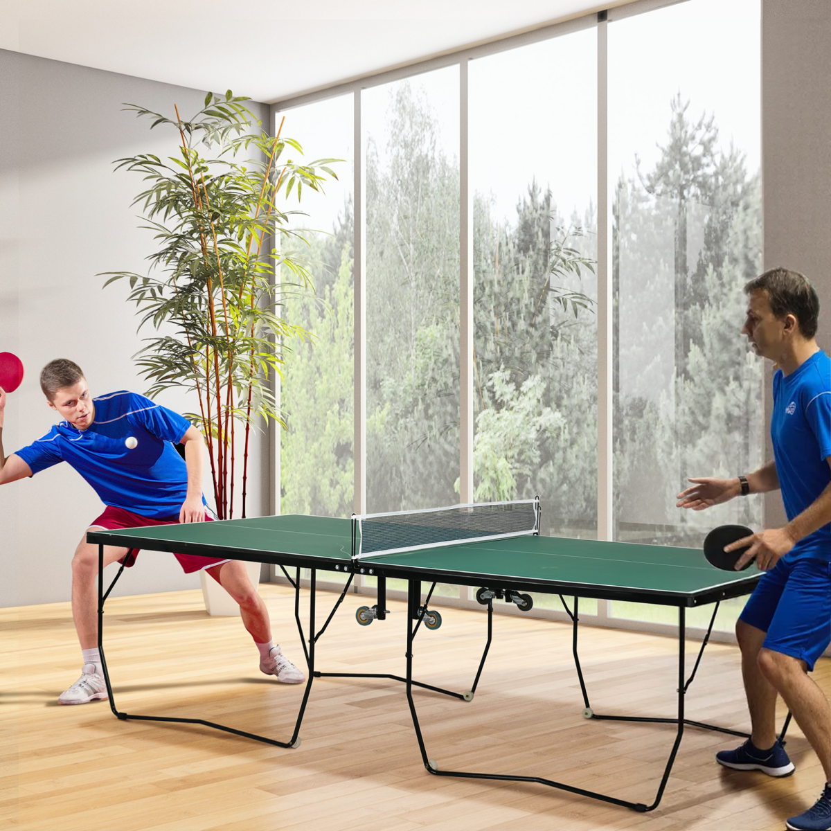 SPORTNOW 9FT Folding Table Tennis Table w/ 8 Wheels, for Indoors, Outdoors