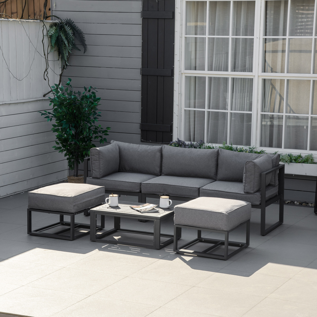 Daybed 6 Piece Sectional Sofa Set, & Coffee Table, Footstool & Cushions, Grey