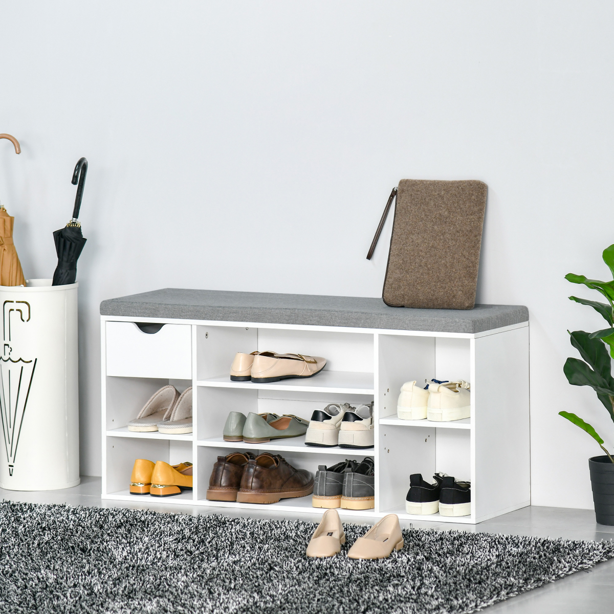HOMCOM Shoe Storage Cabinet Bench w/ Cushion Adjustable Shelves White and Grey
