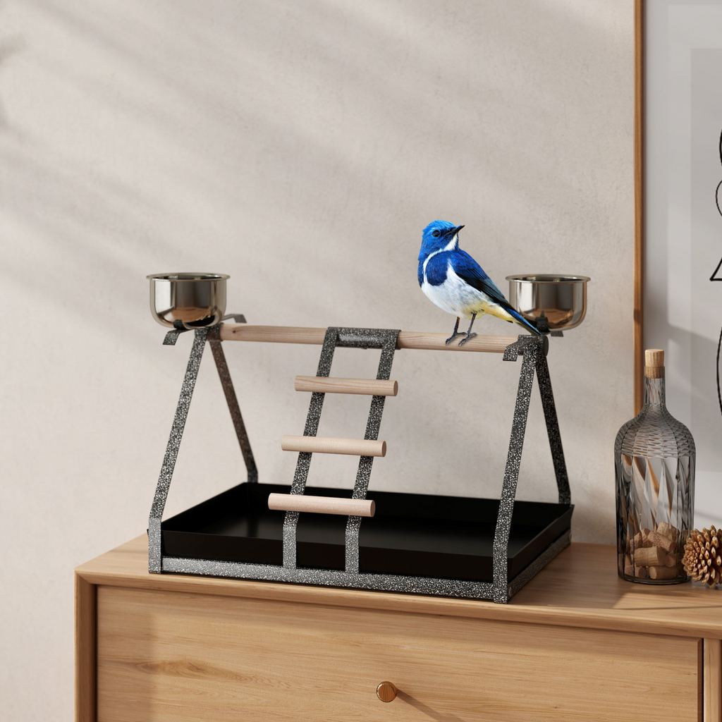 Portable Bird Stand Resting Stainless Steel Base Perch Ladder Bowls