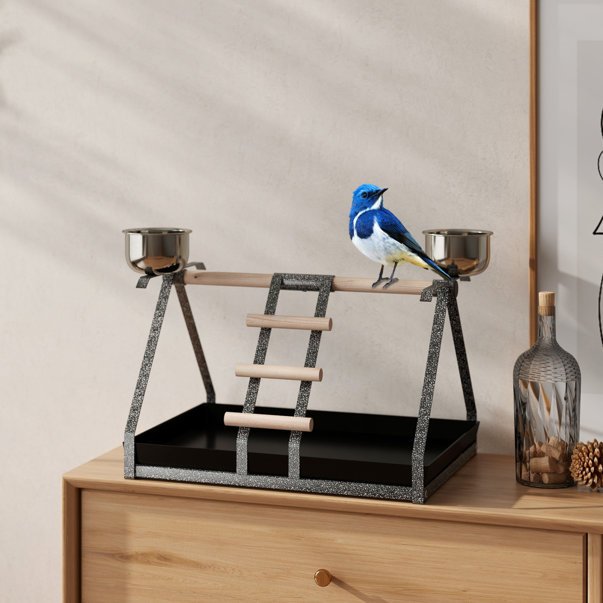 Portable Bird Stand Resting Stainless Steel Base Perch Ladder Bowls