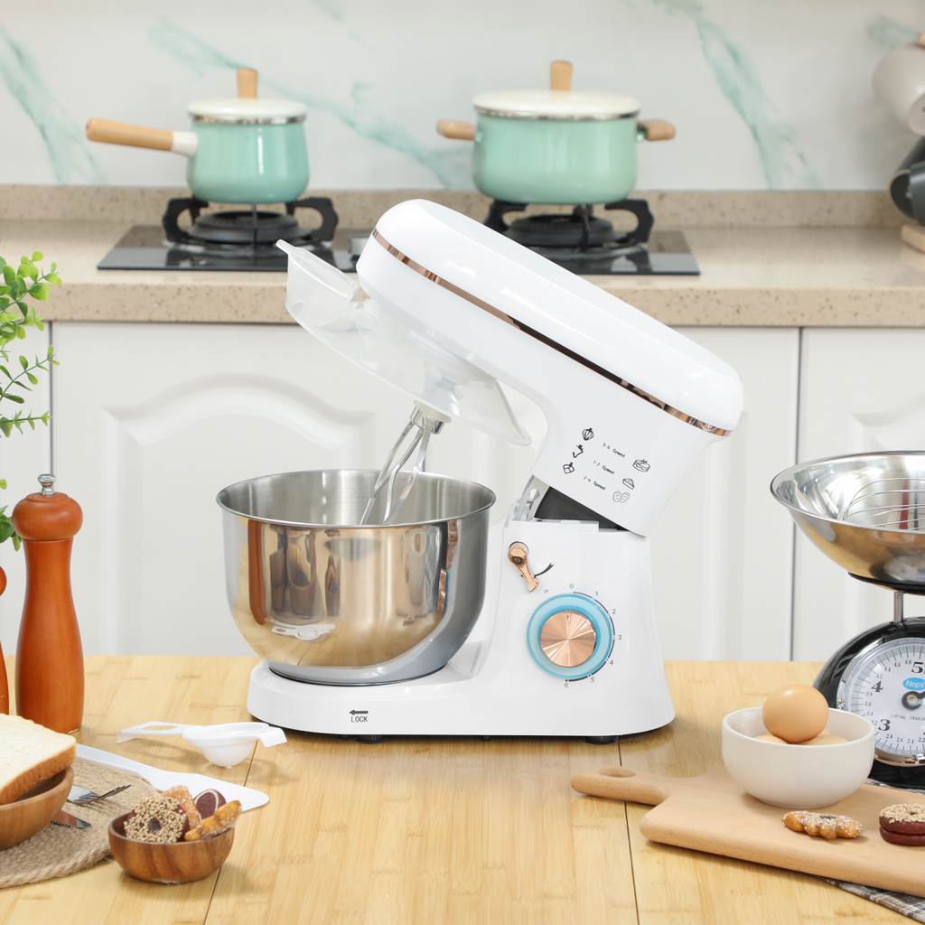 HOMCOM Electric Stand Mixer, 5L Food Mixer with Dough Hook, Whisk, White