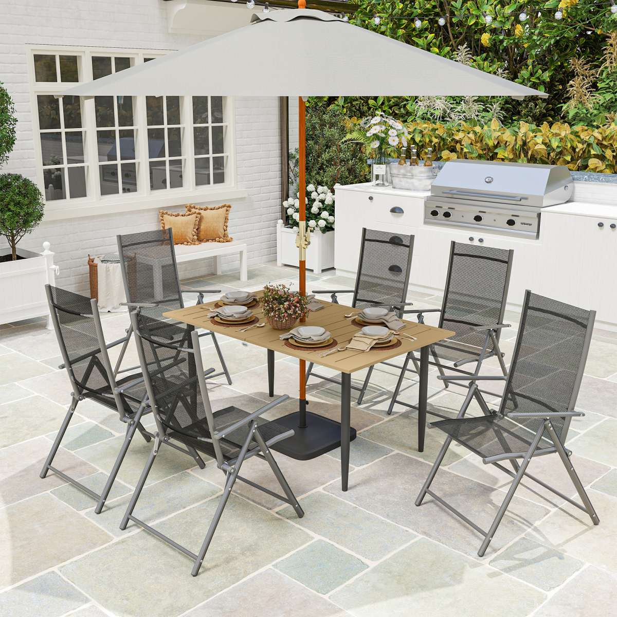 Outsunny Garden Dining Table for 6 Person with Parasol Hole, Brown