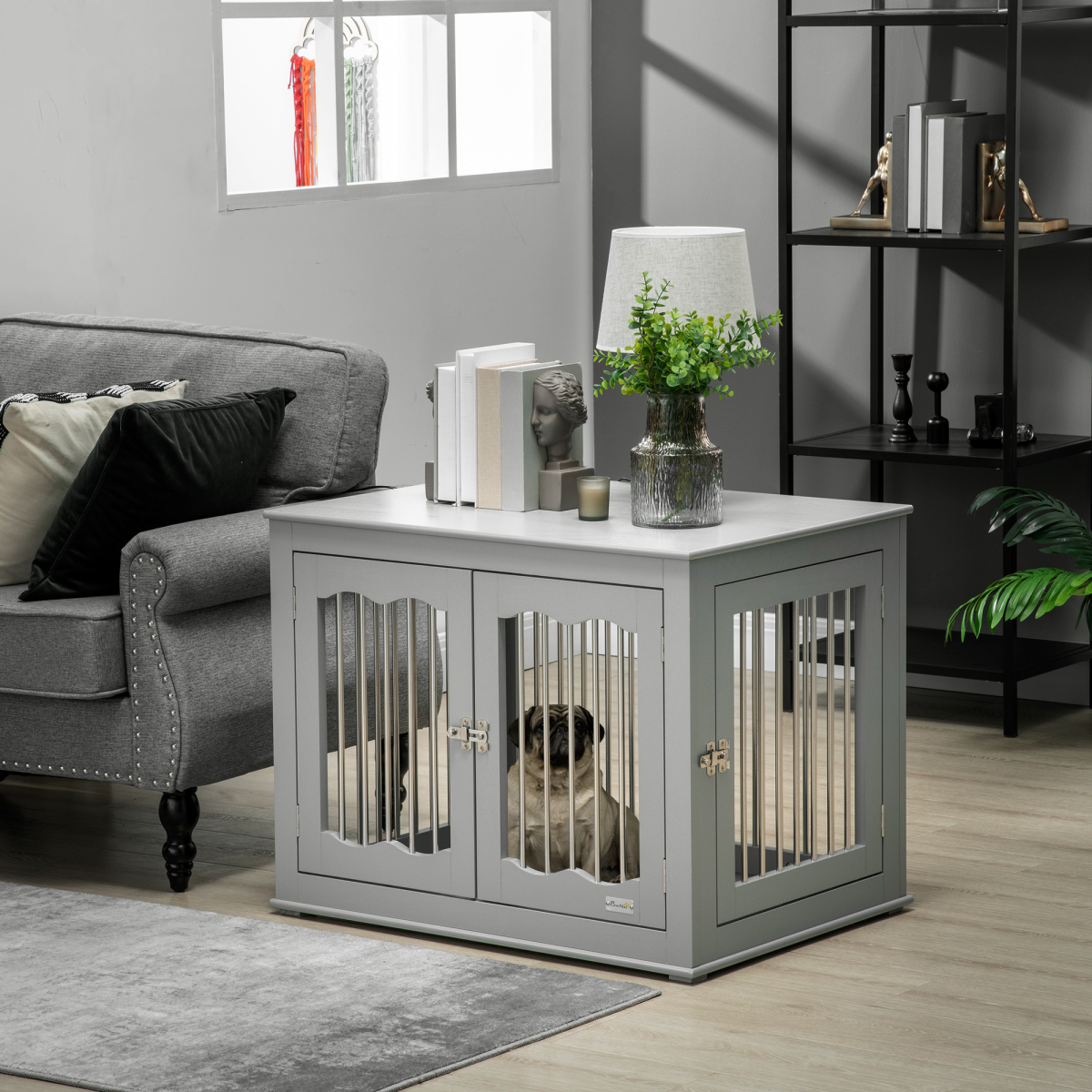 Wood Dog Crate Furniture W/ Three Doors, Locks & Latches, for Medium Dogs