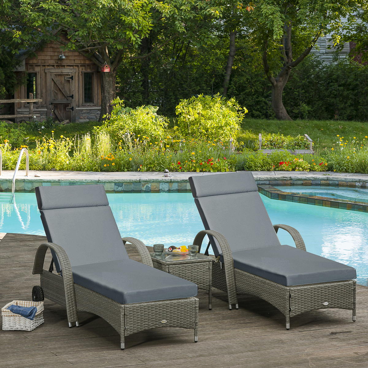 Set of 2 Lounger Cushions Deep Seat Patio Cushions with Ties Dark Grey
