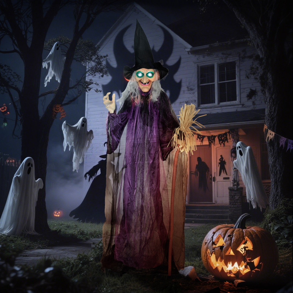 Outsunny Voice Activated Halloween Animatronics Standing Witch, Purple