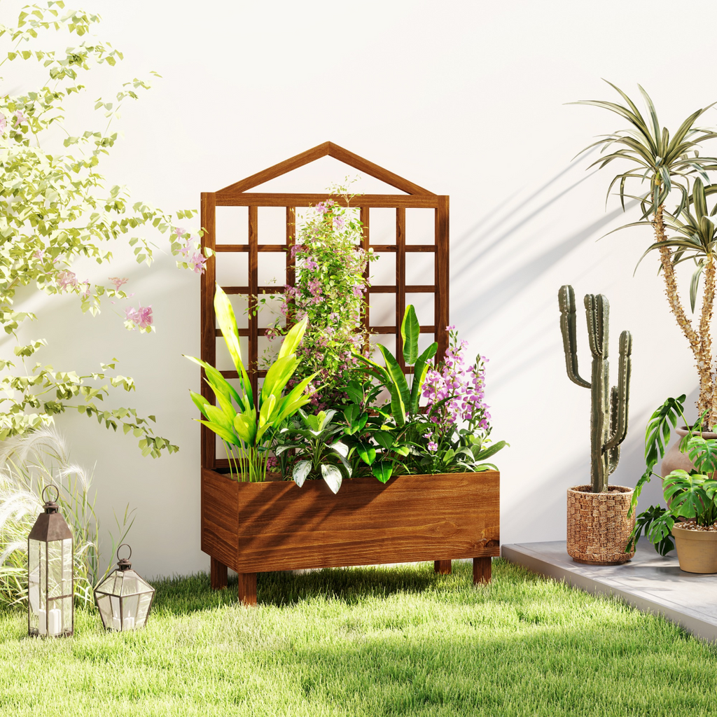 Outsunny Wooden Garden Planters with Trellis for Vine Climbing Plants Brown