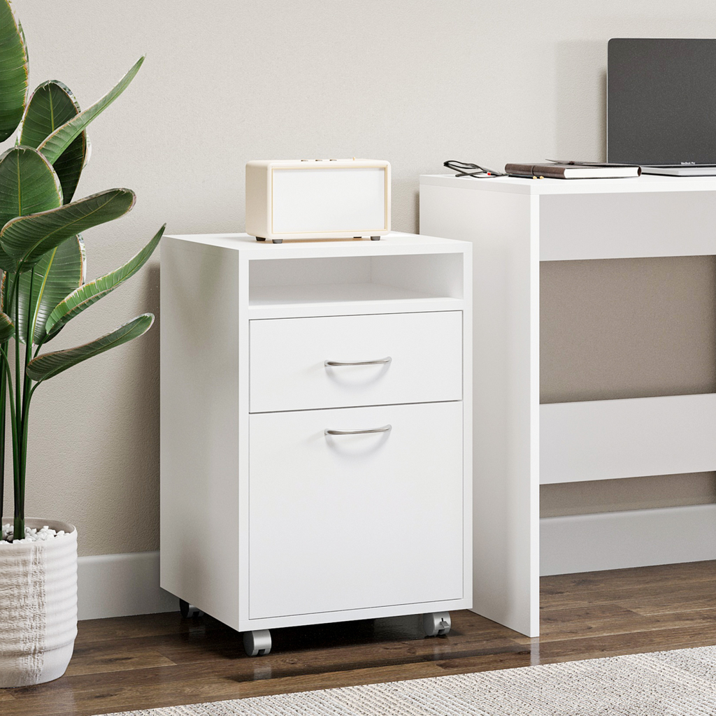 HOMCOM 60cm Storage Cabinet w/ Drawer Open Shelf Metal Handles 4 Wheels White