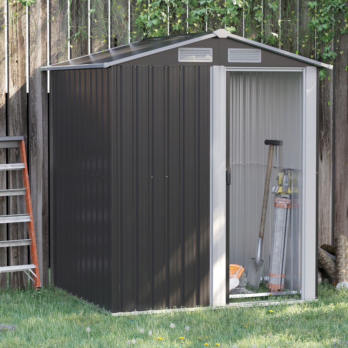 Outdoor Storage Shed, Sliding Door, Sloped Roof  152 x 132 x 188 cm, Grey