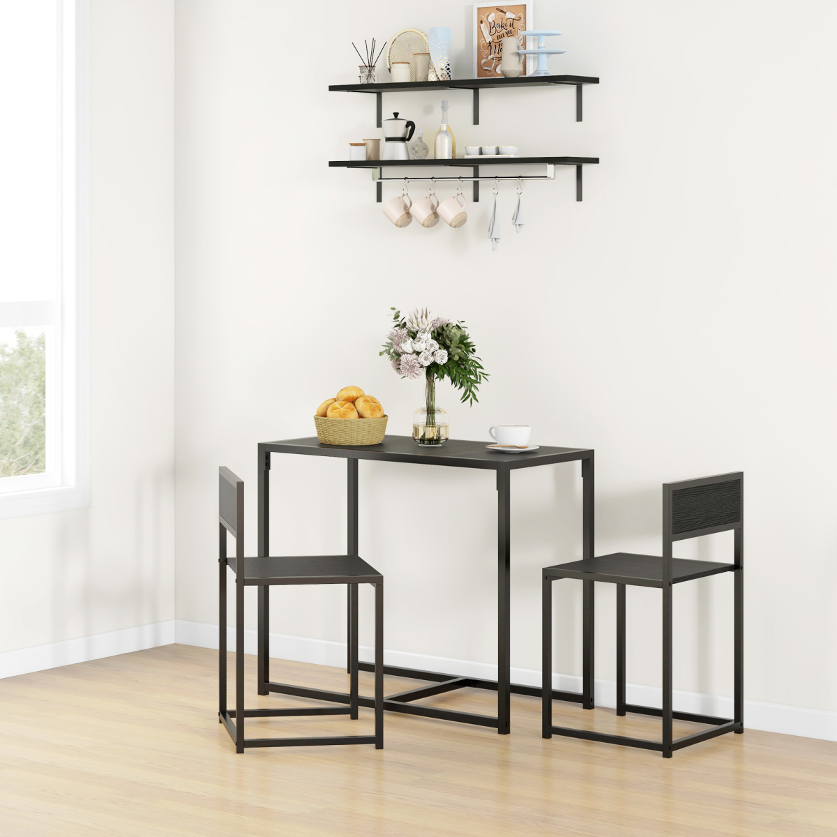 HOMCOM 3 Piece Dining Table Set with Metal Frame, Black