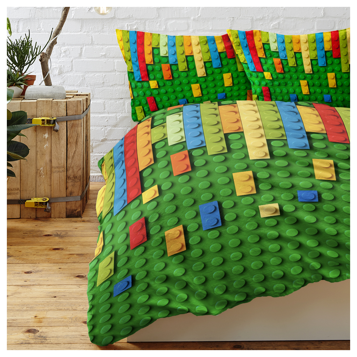 Green Blocks Duvet Cover Set Single 3pcs Colorful Microfiber Kids Bedding Set
