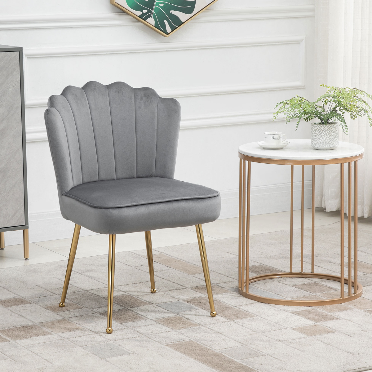 Velvet-Feel Shell Luxe Accent Chair Home Bedroom Lounge Metal Legs Grey