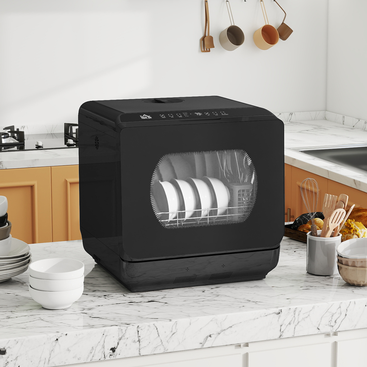 HOMCOM Worktop Dishwasher w/ 4 Place Settings 6 Programs, Black