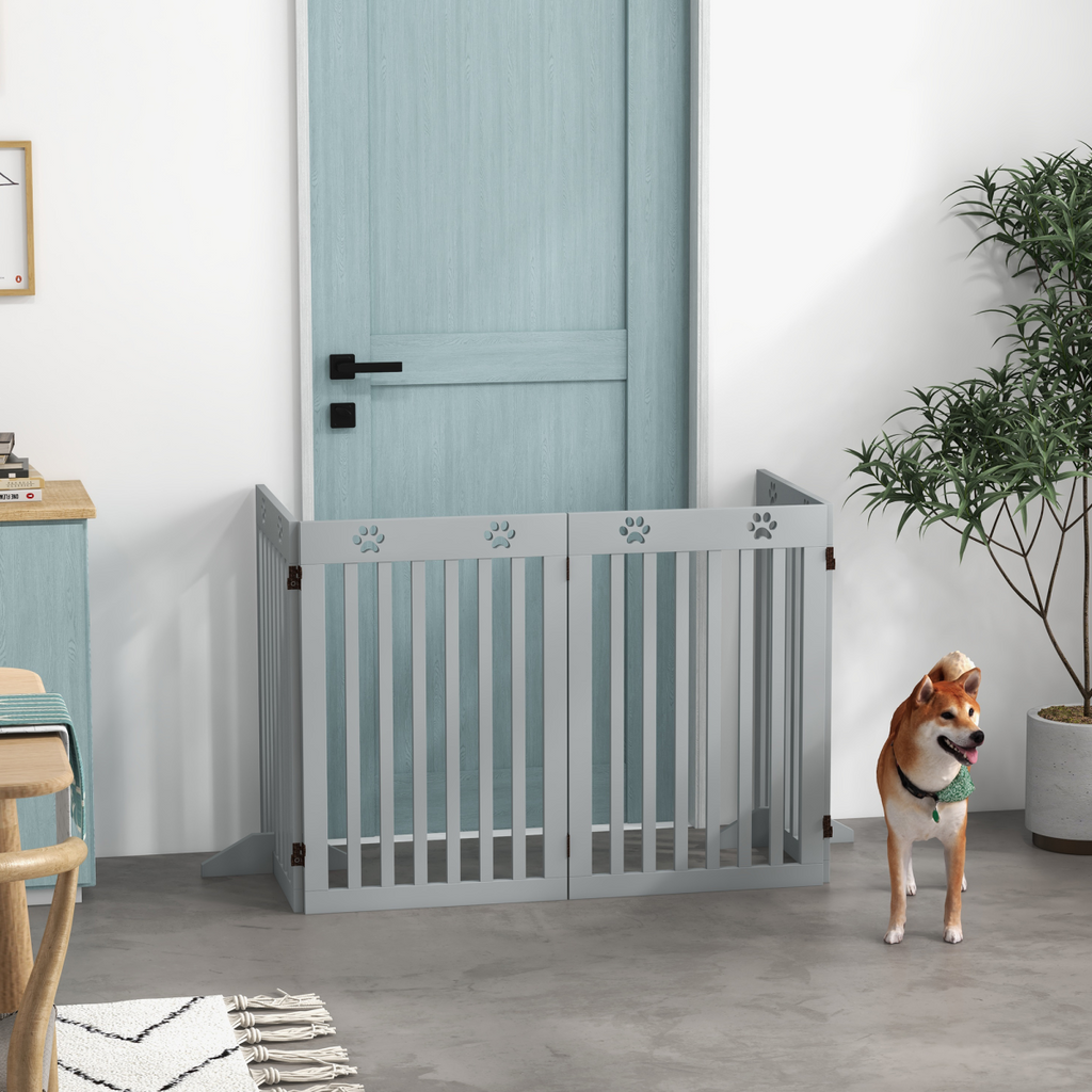 PawHut Pet Gate Foldable Fence Freestanding Dog Barrier w/ Support Feet Grey