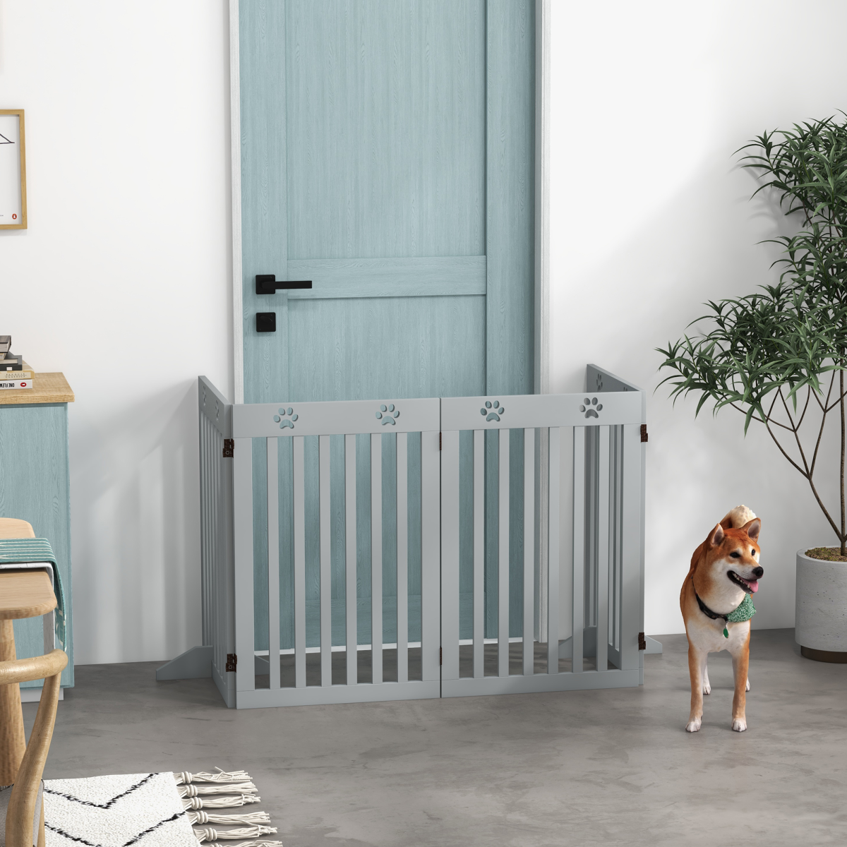 PawHut Pet Gate Foldable Fence Freestanding Dog Barrier w/ Support Feet Grey