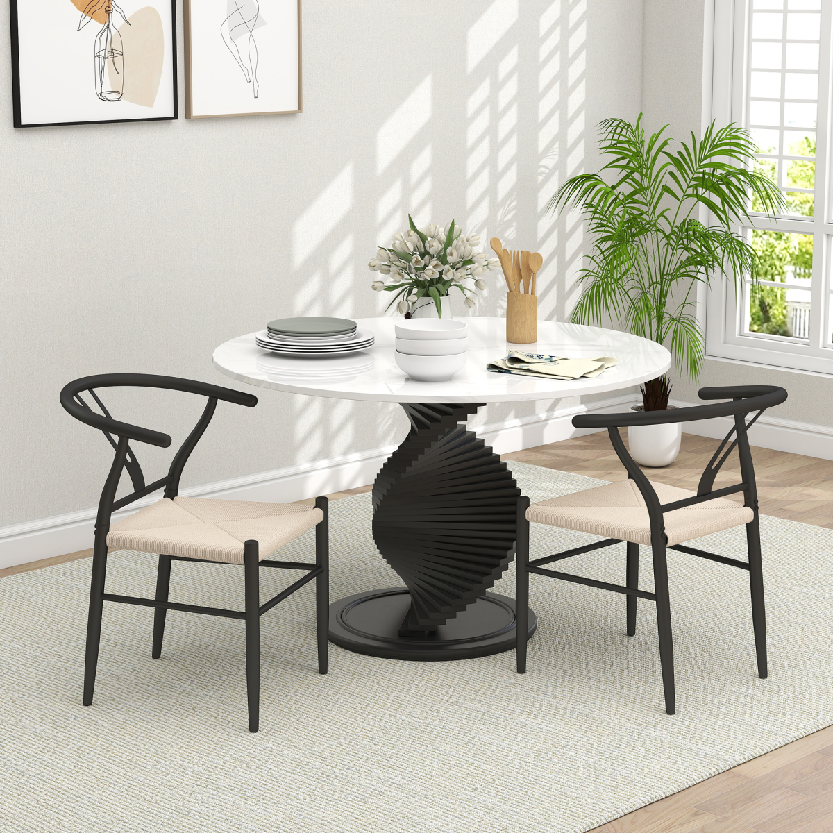 HOMCOM Weave Dining Chairs Set of 2 with Y-Shaped Backrest Hemp Seat Black