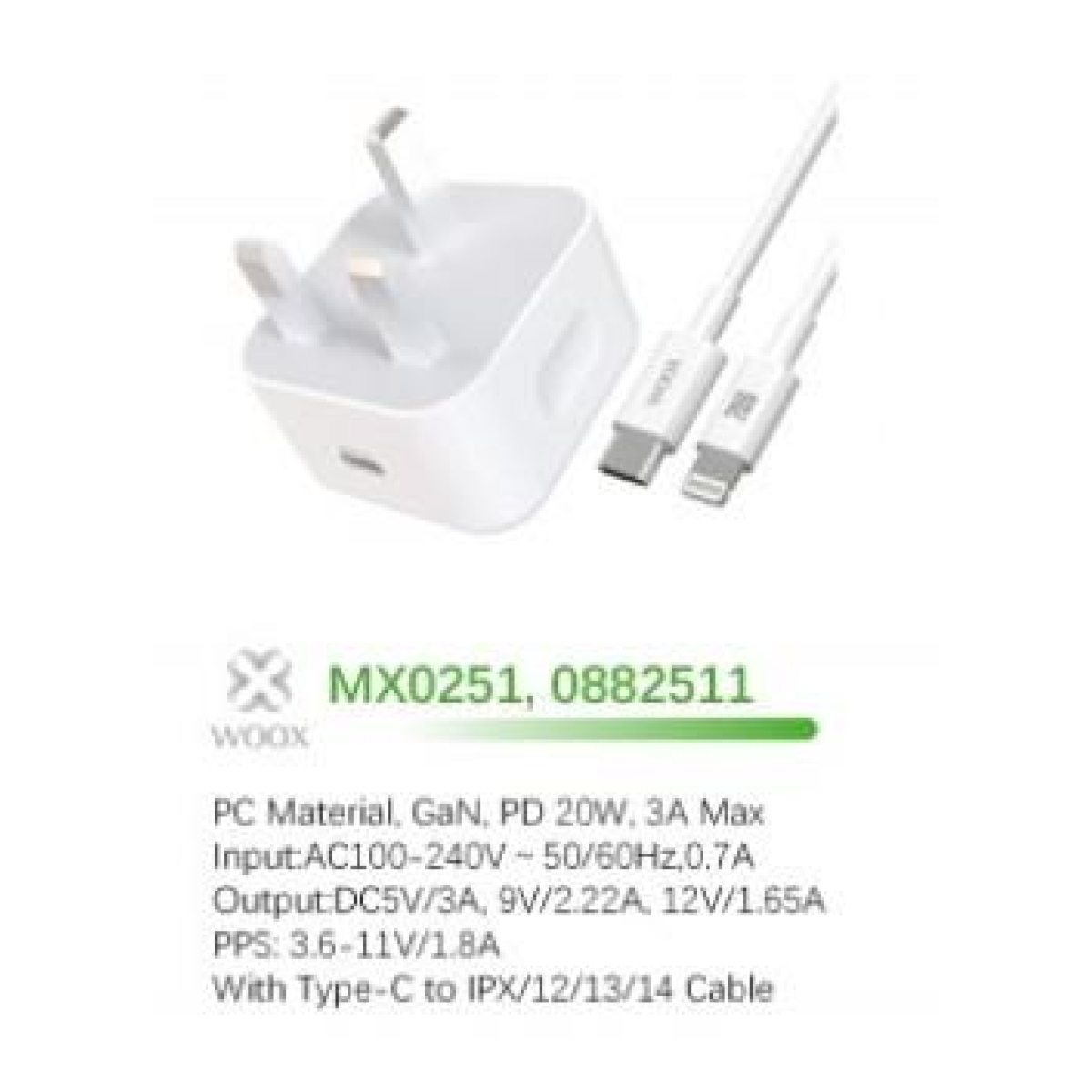 WOOX MX0251 20W PD Home Charger with Type-C to Lightening Fast Cable, 5V 3A, White