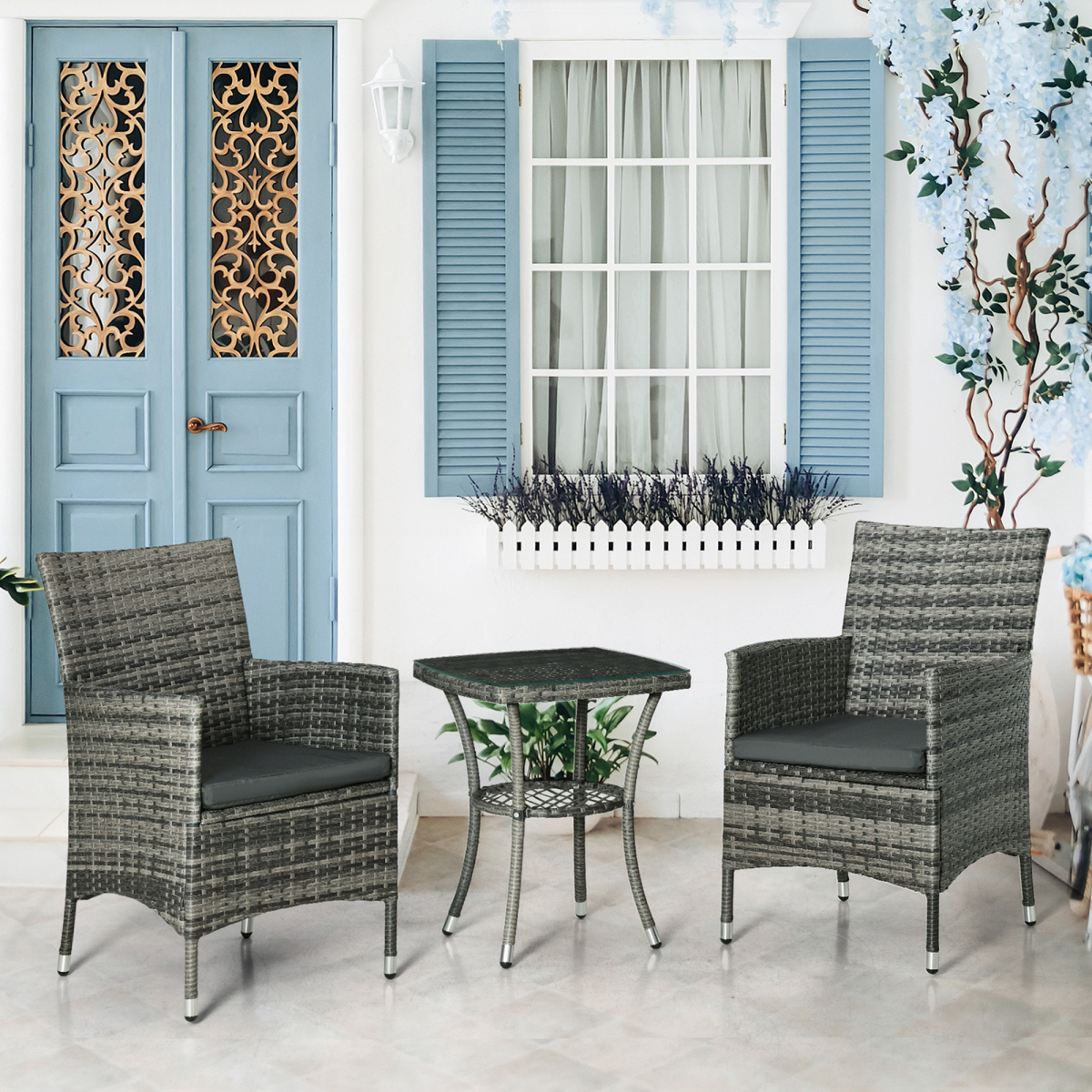 2 Seater GardenRattan Furniture Bistro Set Table Set Conservatory, Light Grey