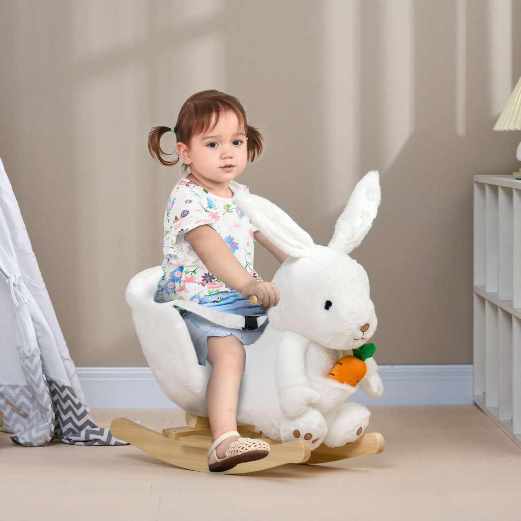 HOMCOM Kids Rabbit-Shaped Rocking Horse with Realistic Sounds Safety Belt White