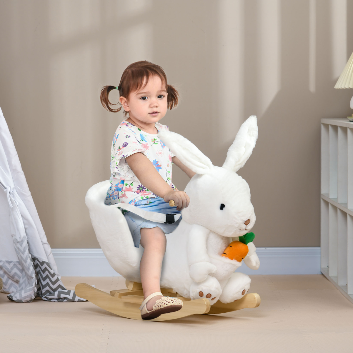 HOMCOM Kids Rabbit-Shaped Rocking Horse with Realistic Sounds Safety Belt White