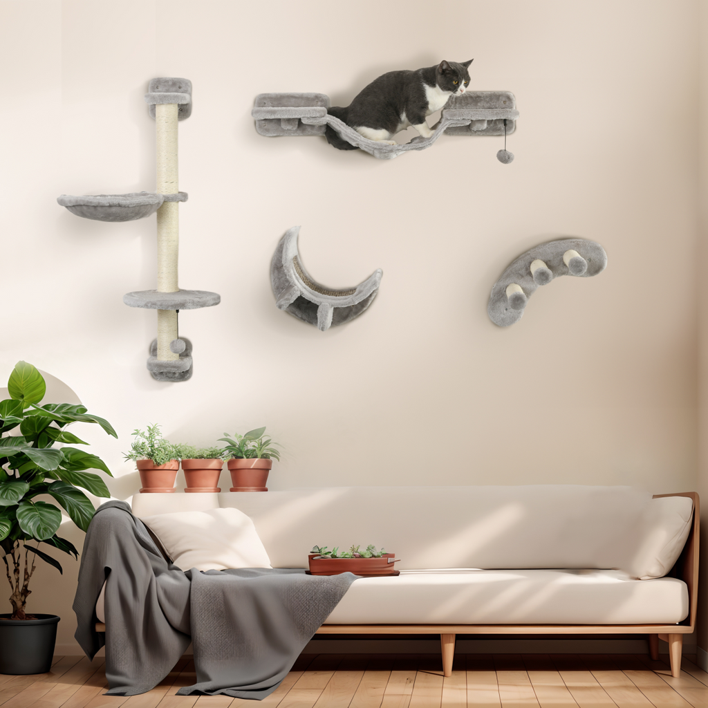 PawHut 4PCs Cat Wall Furniture with Hammock, Ladder, Platforms, Steps, Grey