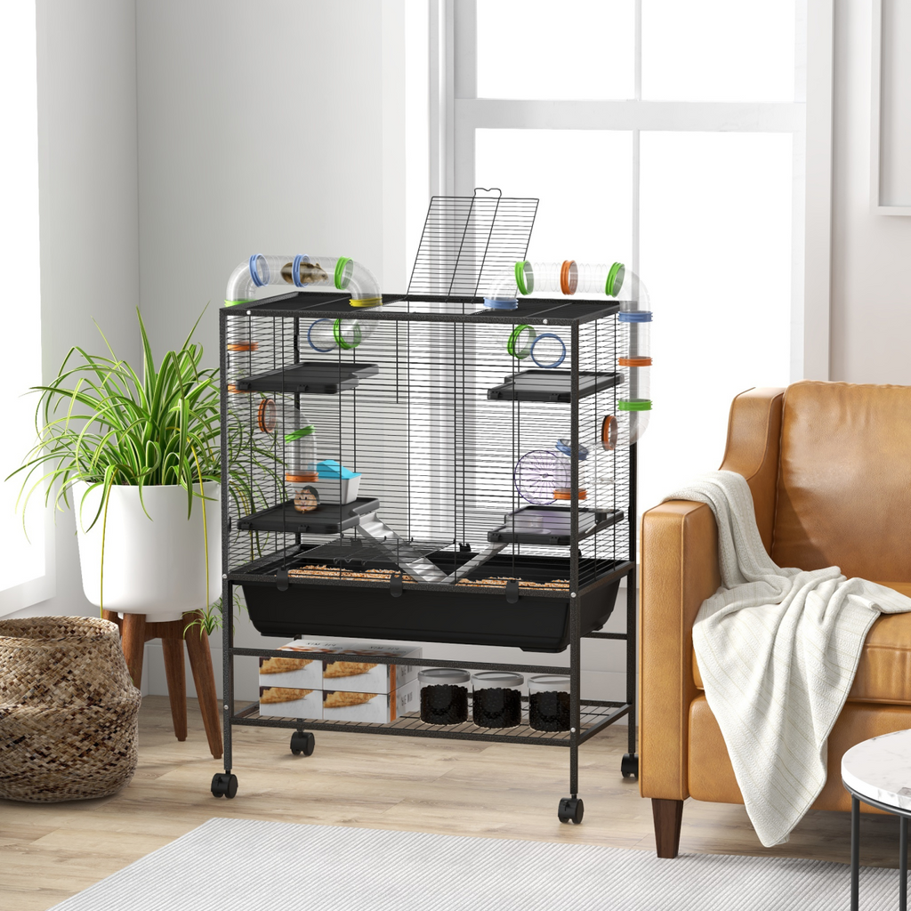 PawHut Large Hamster Cage, Rat Cage with Wheels, Tubes, Storage Shelf, Ramps