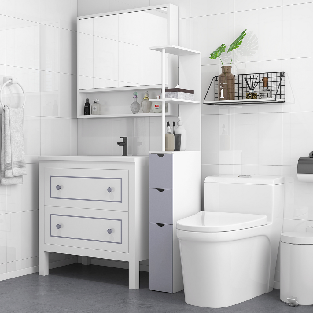 HOMCOM Bathroom Storage Cupboard Thin Cabinet Unit Shelf White w/ Drawers