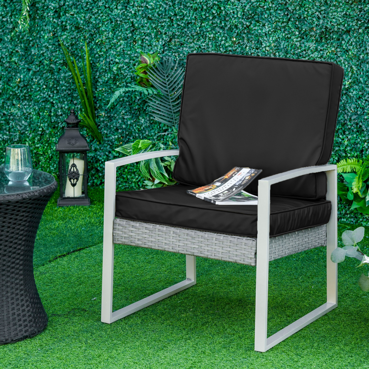 2 Pieces Seat Cushion and Back Pad Set for Rattan Furniture Black