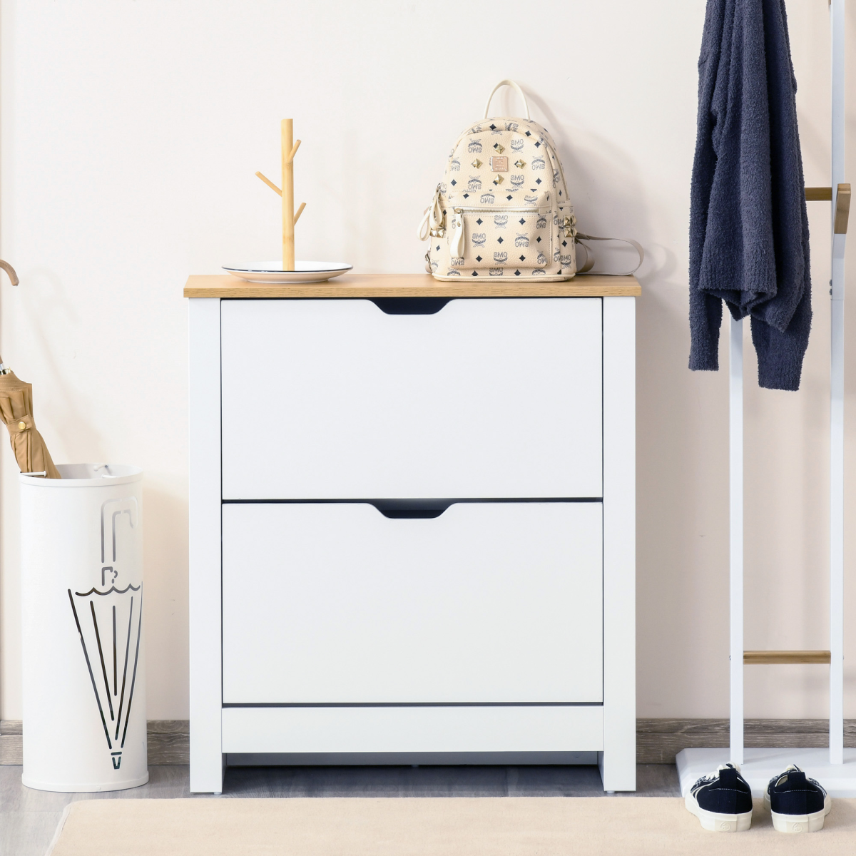 HOMCOM 12-Shoe Storage Cabinet 4 Shelves 2 Drawers Tabletop 4 Legs White
