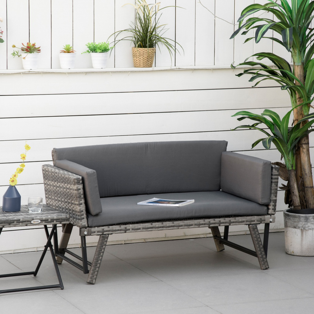 2 in 1 Rattan Folding Daybed Sofa Grey w/Cushion