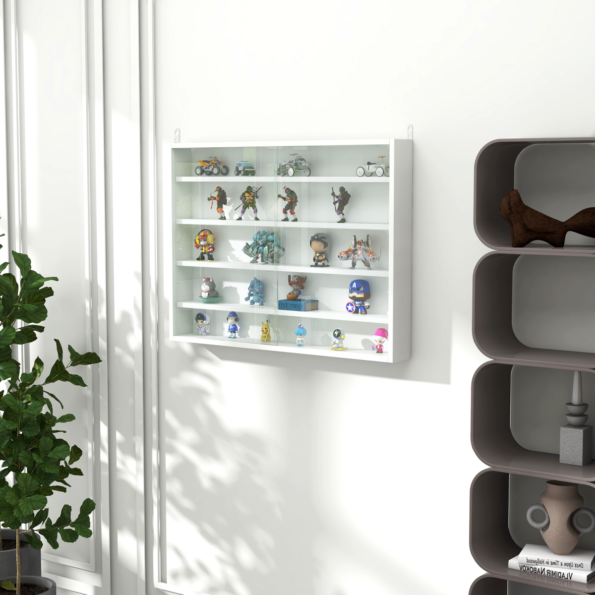 5-Tier Wall Display Shelf Unit Cabinet w/ Shelves Glass Doors White