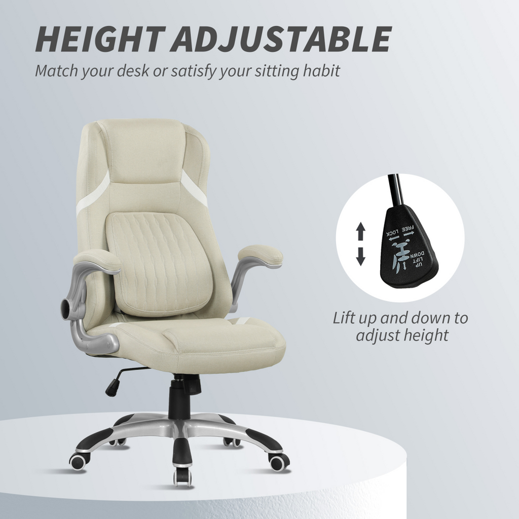 Beige High-Back Linen Office Chair with Flip-Up Arms