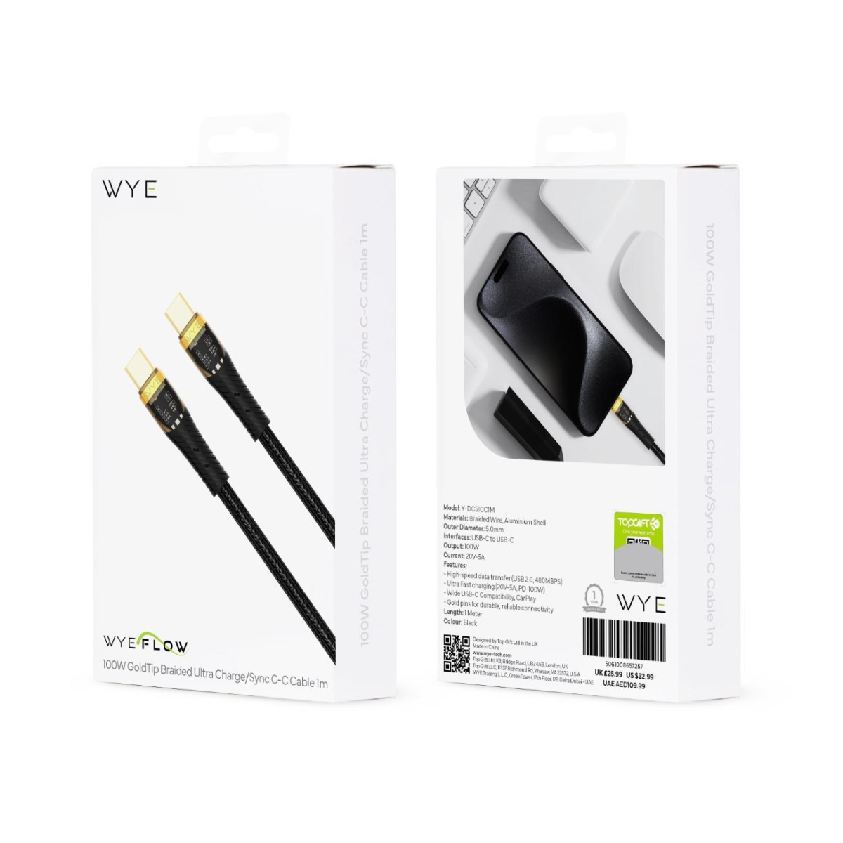 Wyeflow 100W GoldTip Braided Ultra Charge/Sync C-C Cable 1m