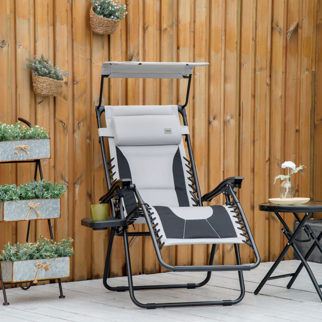 Zero Gravity Lounger Chair, Shade Cover, Cup Holder Headrest Grey