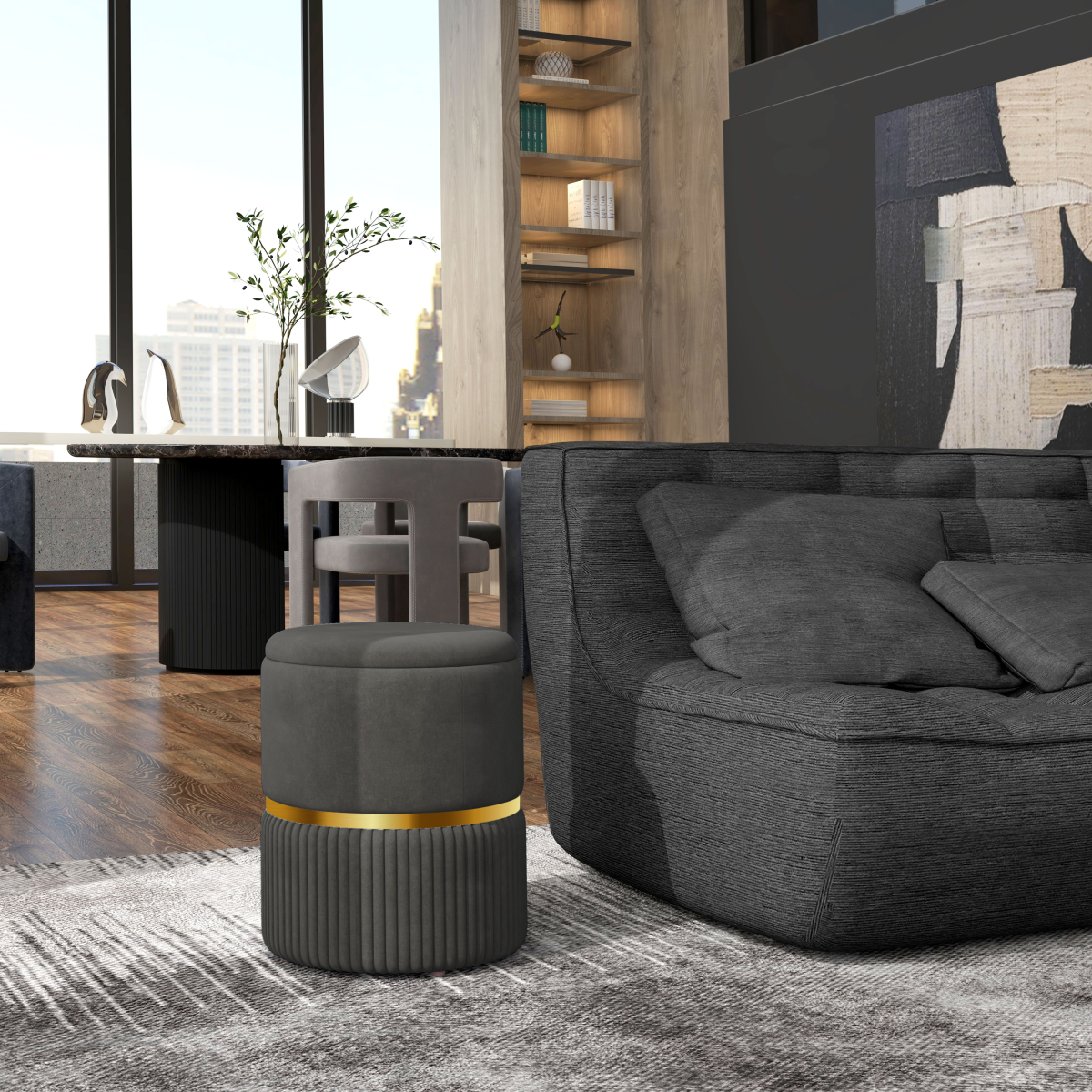 HOMCOM Round Pouffe, Storage Footstool with Cushioned Top, Hidden Space