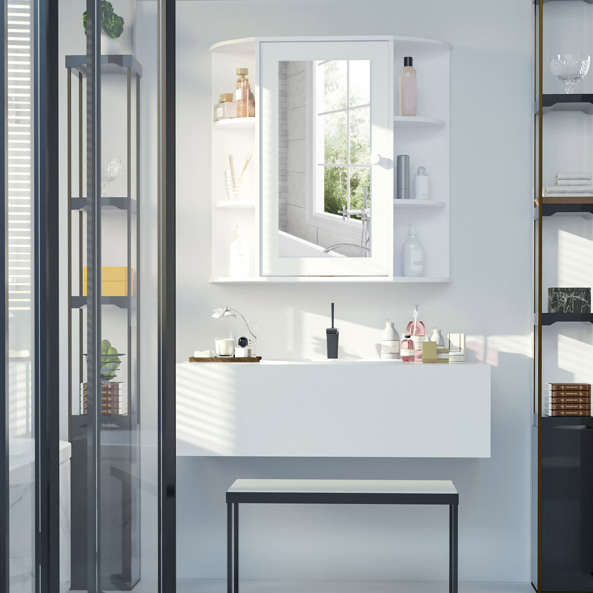 Wall Mounted Bathroom Cabinet w/ Mirror Single Door Storage Shelves HOMCOM