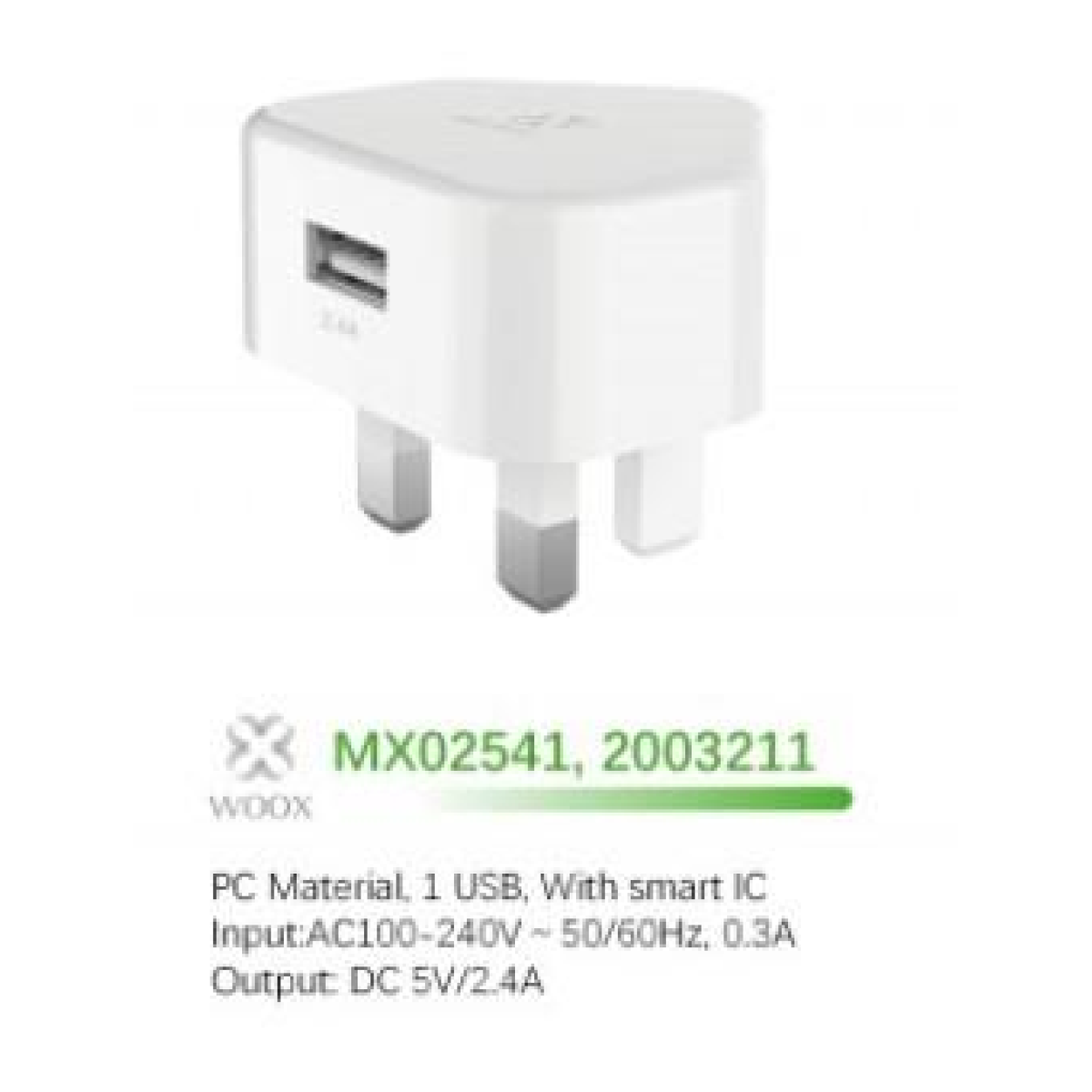 WOOX MX0254 2.4A Single USB Wall Charger, without cable, White