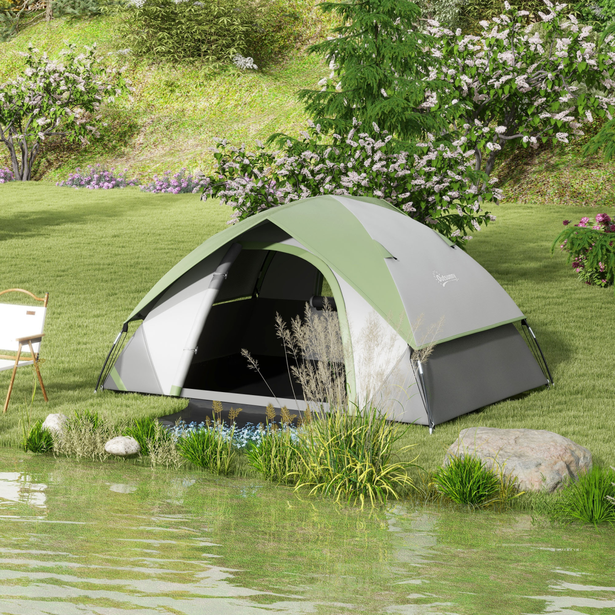 Outsunny 2  Man Camping Tent with Sewn-in Groundsheet, 3000mm Waterproof, Green