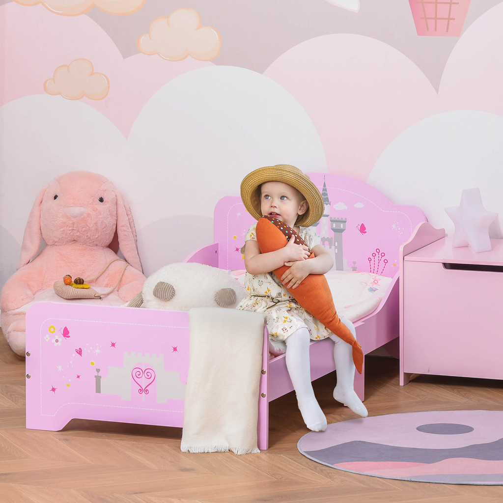 Kids Bed Princess Castle Theme with Side Rails Slats Home 3-6 Yrs Pink