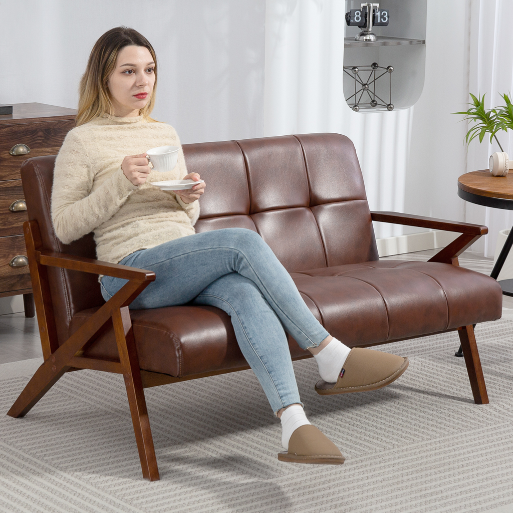 HOMCOM Compact Small Sofa with Solid Wood Frame, Vintage 2 Seater Sofa Brown