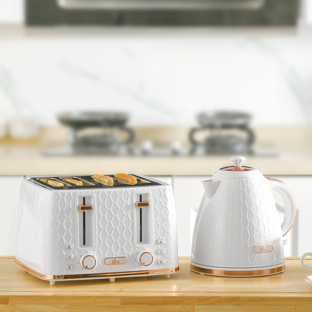 HOMCOM 1.7L Kettle and Toaster Set with Defrost, Reheat and Crumb Tray, White