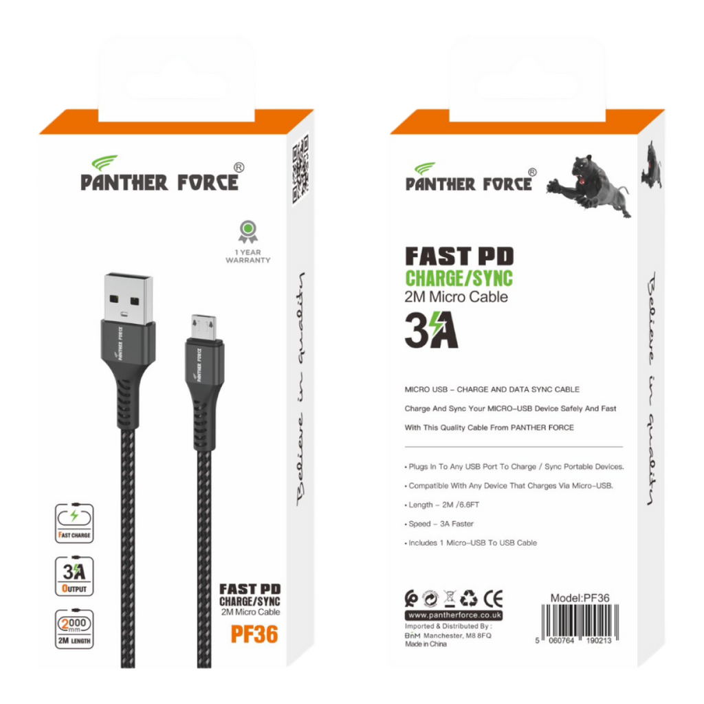 Panther Force 3A 2M Cable for Micro - Fast Charging and Data Transfer