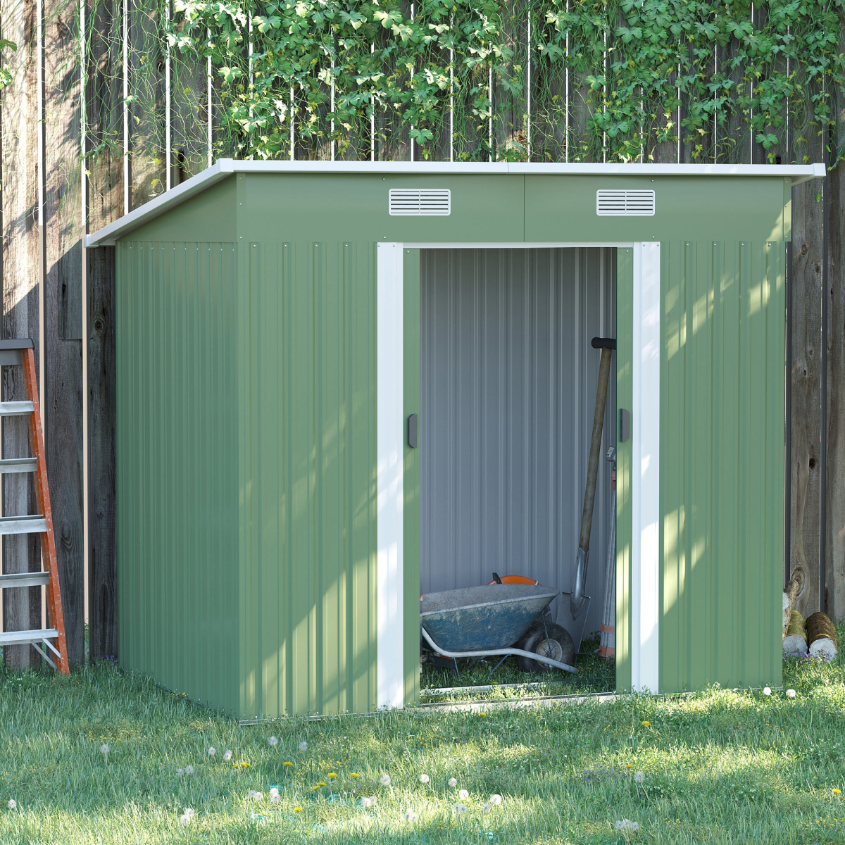 6.8 x 4.3ft Outdoor Garden Storage Shed, Tool Storage Box Green 6.8x4.3ft