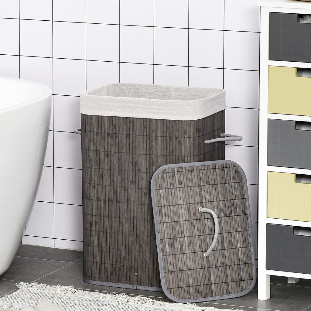 Bamboo Laundry Basket with Flip Lid Foldable, Grey Handles Lining