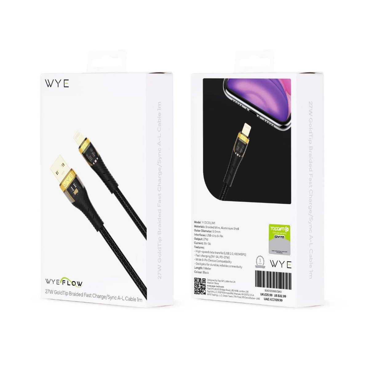 Wyeflow 27W GoldTip Braided Fast Charge/Sync USB to 8 Pin Cable 1m
