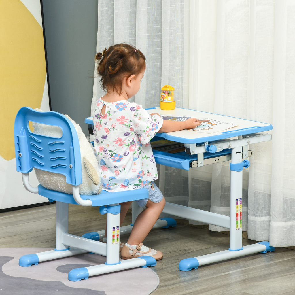 Kids Desk and Chair Set Adjustable Tiltable with Drawer Pen Slot Hook