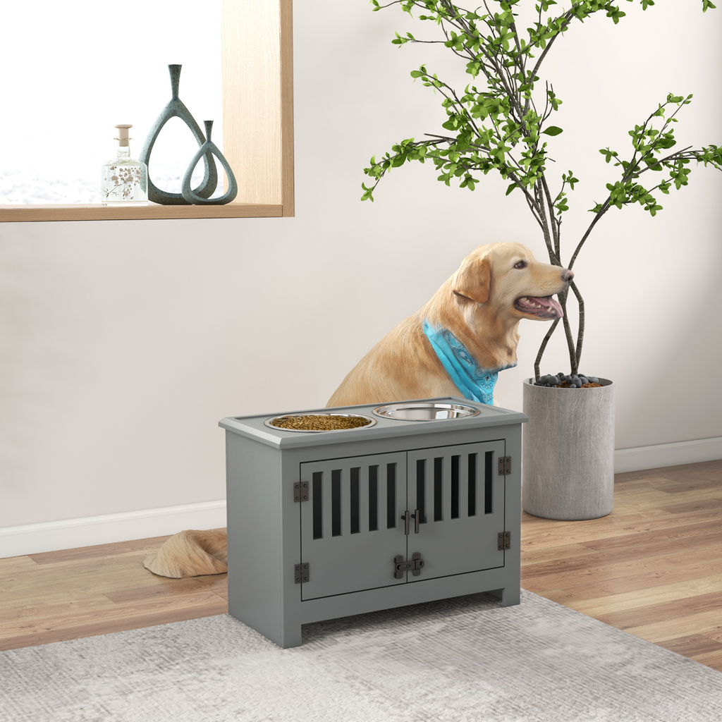 PawHut Raised Dog Bowls for Large Dogs Feeding Station with Stand Storage - Grey