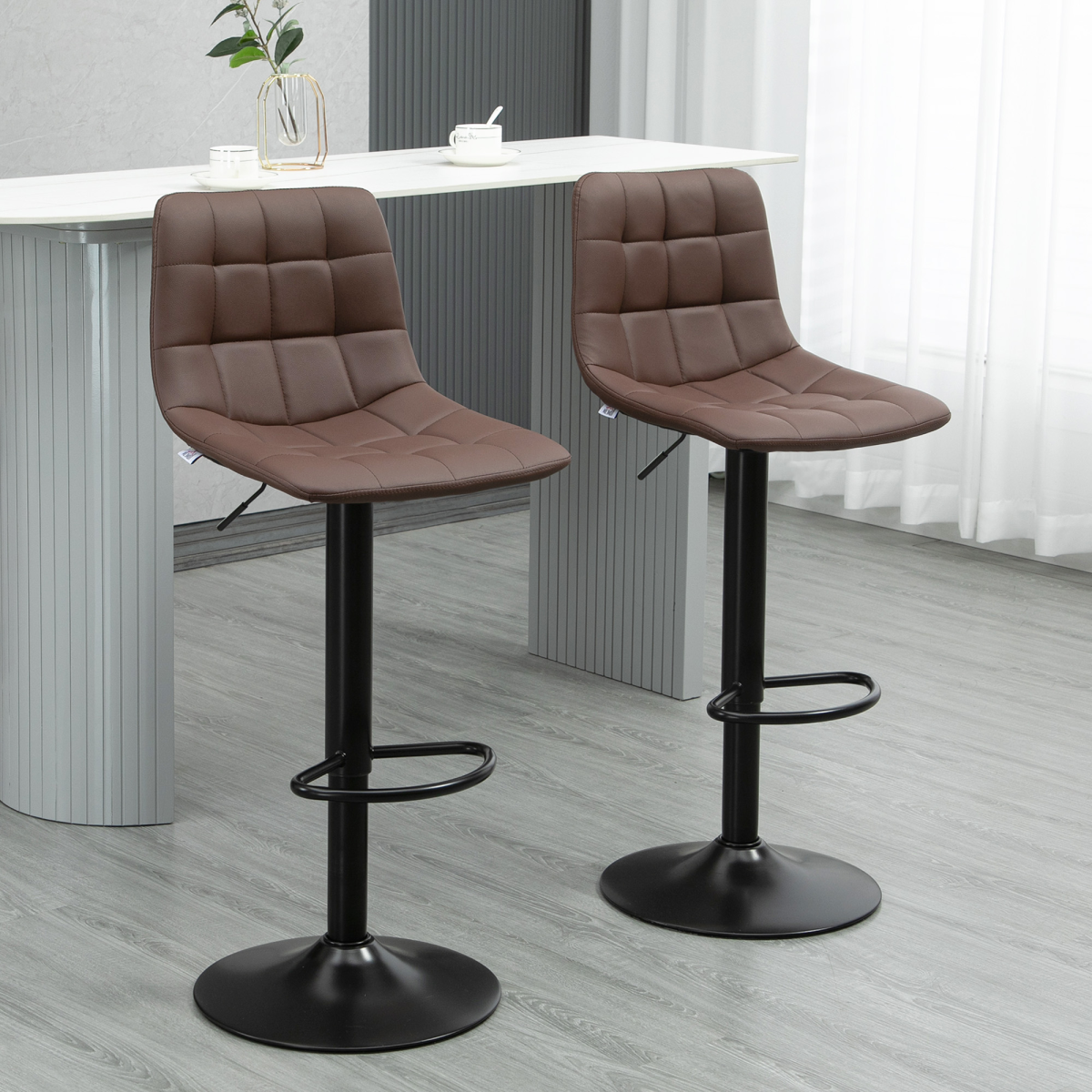 Set of 2, Adjustable Stools Swivel and Footrest for Home Pub Area, Brown