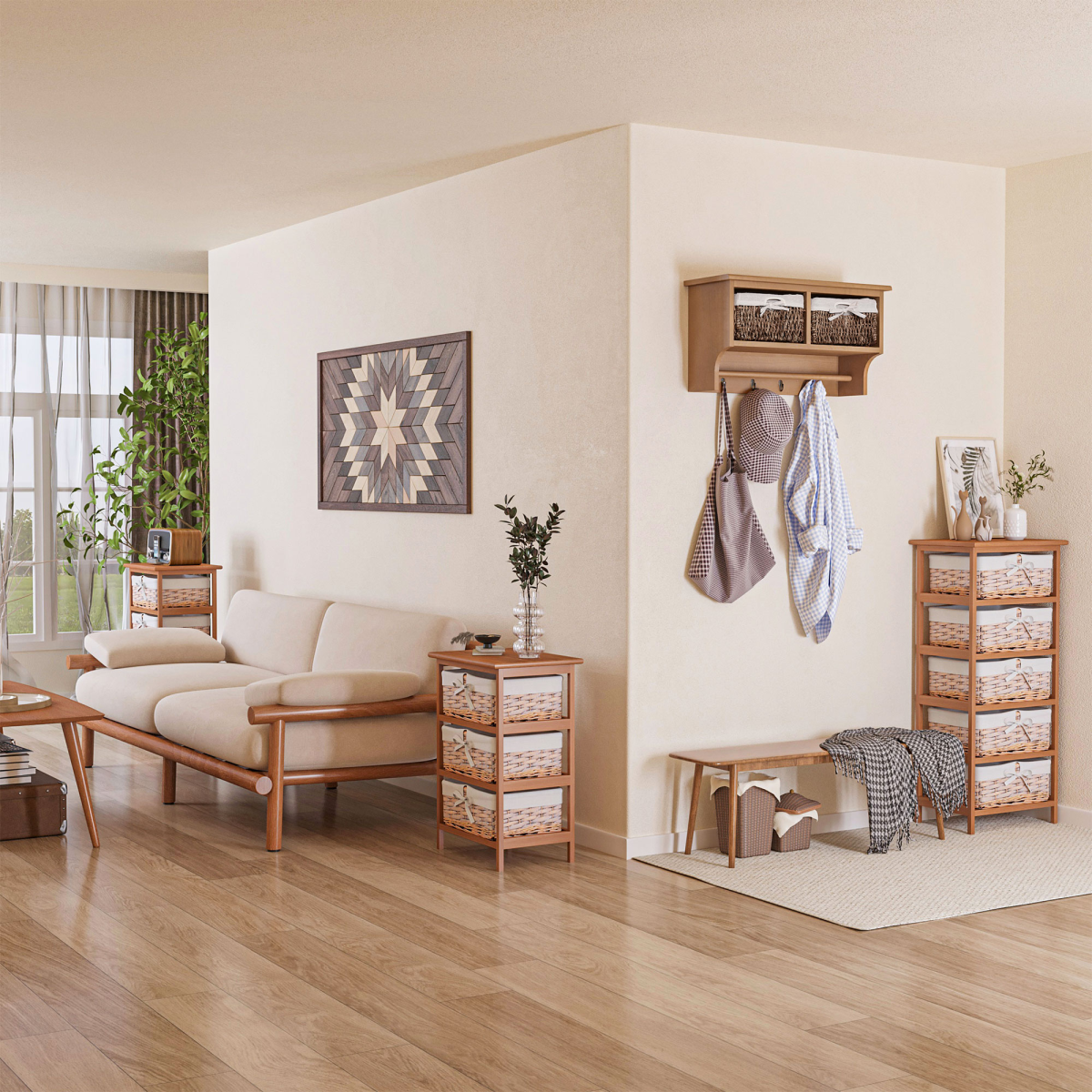 5-Drawers Storage Unit Wooden Frame with Wicker Woven Baskets